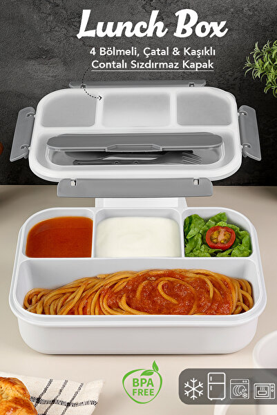 Meleni Home Sızdırmaz Contalı Yemek Kabı - 4 Bölmeli Çatal Kaşıklı Diyet Besl...