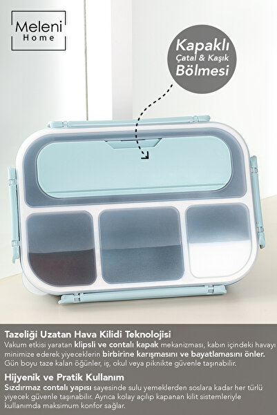 Meleni Home Sızdırmaz Contalı Yemek Kabı - 4 Bölmeli Çatal Kaşıklı Diyet Beslenme Kutusu Lunch Box Mavi