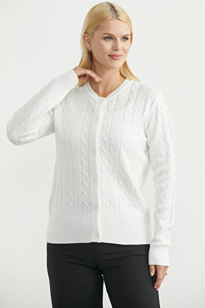 Sementa Buttoned Crew Neck Knit Cardigan - Bone