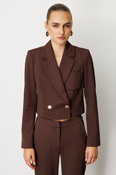 Ekol بأزرار على الجهتين سترة قصيرة بياقة بني 5029-26k