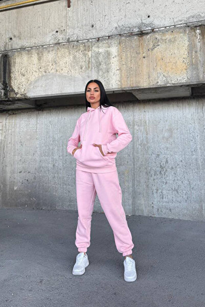 CİDDE Women's Three Thread Kangru Pocket Hooded Compact Combed Cotton Inside Sha Fleece-Lined Tracksuit Set