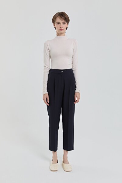 Nihan Elastic Waist Carrot Trousers Navy Blue