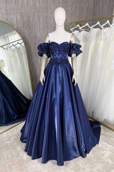 Lenta Moda Lacivert Kristal işlemeli Aplik Detaylı Lizbon Saten Kuyruklu Abiy...