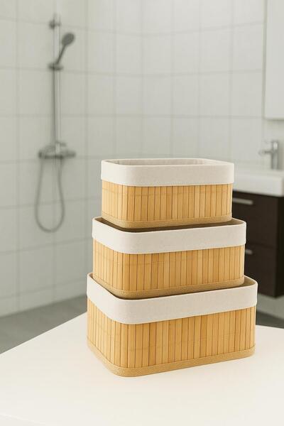 İLİVA Rectangular 3-Tier Bamboo Basket Multi-Purpose Decorative Organizer Bathroom Organizer