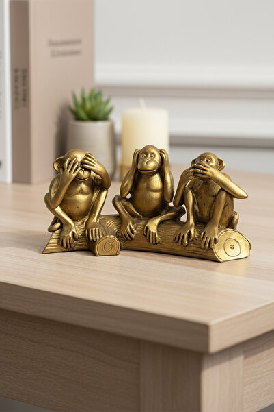 TR Turan Collection SAGE - 3'lü Maymun Biblo Seti - Altın Renk Dekoratif Görmedim, Duymadım, Bilmiyorum Figürü