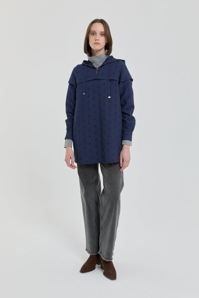 Nihan İnce Kapitone Kapşonlu Sweat Lacivert