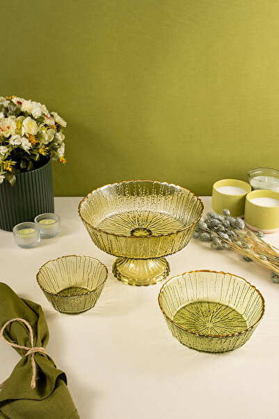 Fecra Rita 3-Piece Glass Bowl Set Green with Gold Mesh