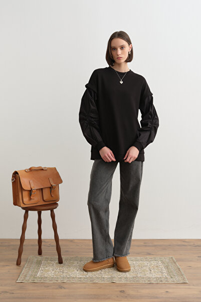 Nihan Kolları Poplin Örme Sweat Siyah