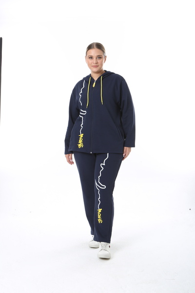 XL Modam Women's Plus Size Winter Viscose Navy Blue Top and Bottom Set