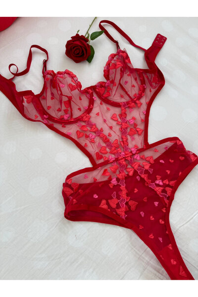 Gold Night Ειδικό για την Πρωτοχρονιά Κόκκινο Δαντελένιο Κορμάκι με Καρδιά και Διαφανές Κουμπωτό Κορμάκι Φανταχτερό εσώρουχο