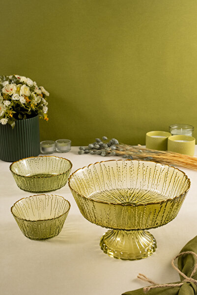 Fecra Rita 3'lü Cam Kase Seti Yeşil Altın Fileli