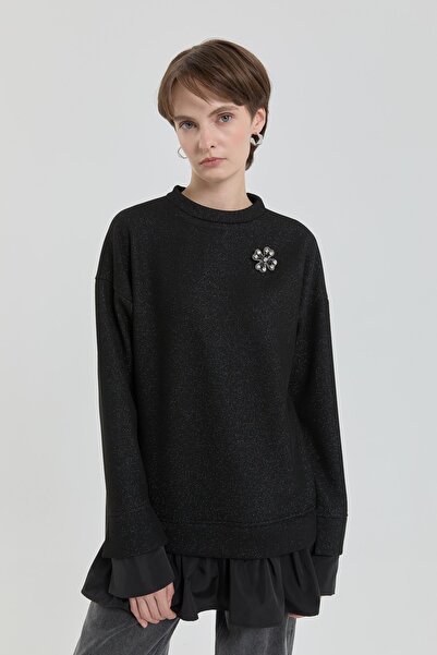 Nihan Broş Detaylı Simli Örme Tunik Siyah