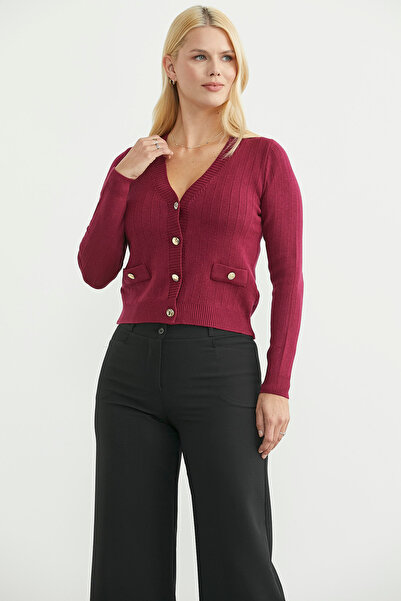 Sementa Buttoned Knit Cardigan with Pocket Detail - Burgundy