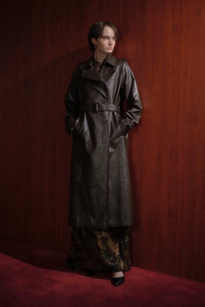 Nihan Kruvaze Deri Trençkot Kahve