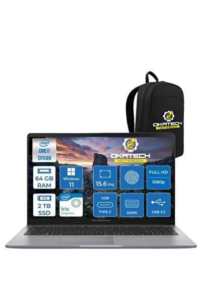 ASUS EXPERTBOOK P1503 INTELCORE I7-13620H 64GB RAM 2 TB SSD WİN11 PRO 15.6” FHD NOTEBOOK + OKATECH ÇANTA