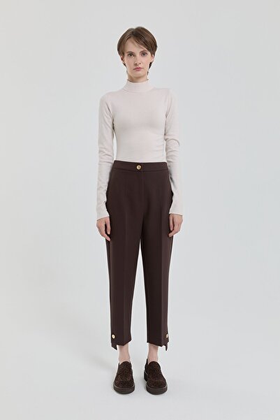 Nihan Gold Düğmeli Ütü İzli Poly. Viskon Pantolon Kahve