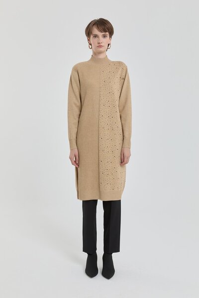 Nihan Serpme Payetli Fitilli Triko Tunik Haki