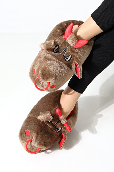 Wordex Χειμερινές γυναικείες και ανδρικές παντόφλες Animal B20 Bull Model για εσωτερικούς χώρους, αθόρυβες παντόφλες με σόλα