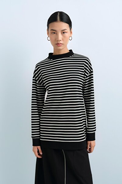 Nihan Çizgili Basic Sweat Siyah