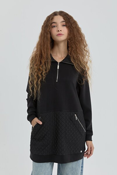 Nihan Cep Detaylı Kapitone Garnili Sweat Siyah