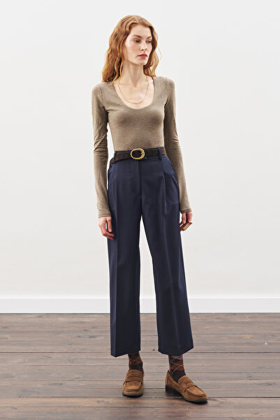 Manuka PİLE DETAYLI DÜZ KESİM PANTOLON LACİVERT