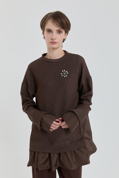 Nihan Broş Detaylı Simli Örme Tunik Kahve