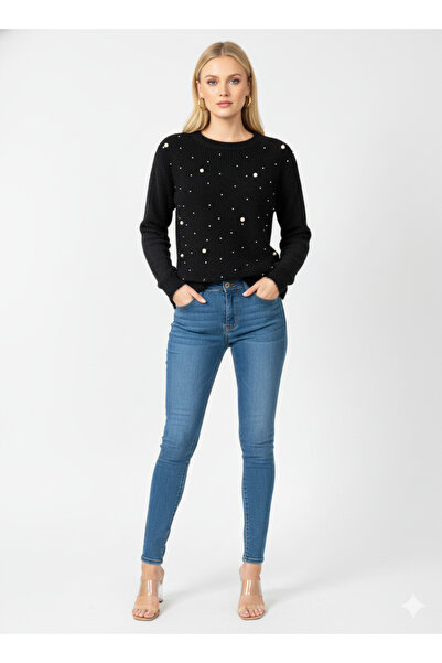 Ulino Pulover cu mânecă lungă, cu guler rotund, cu detalii perlate, din fire ...