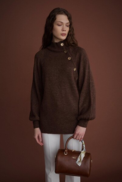 Nihan Düğme Detaylı Triko Tunik Kahve