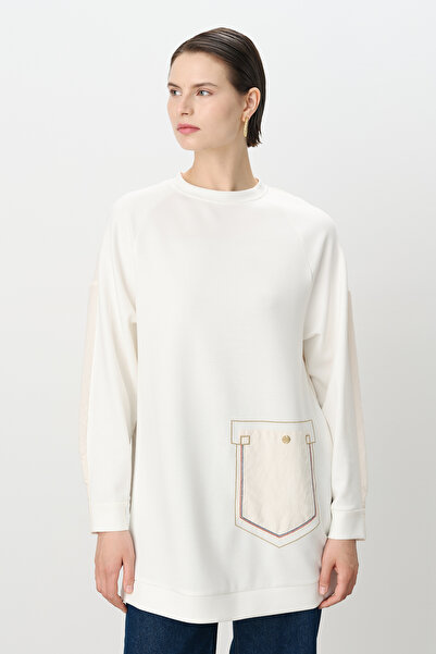 Nihan Çizgi ve Nakış Detaylı Örme Sweat Ekru