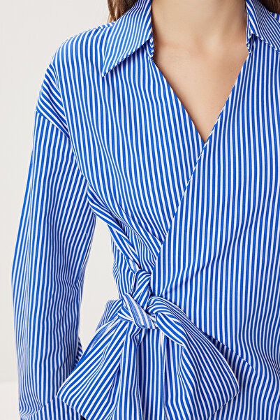 Lovelyİstanbul Shirt Collar Striped Wrap Poplin Blouse Lzv0041 Blue White