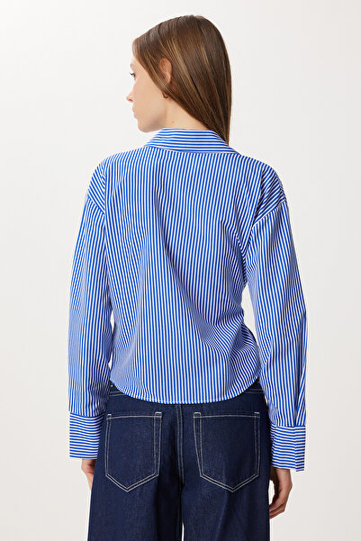 Lovelyİstanbul Shirt Collar Striped Wrap Poplin Blouse Lzv0041 Blue White