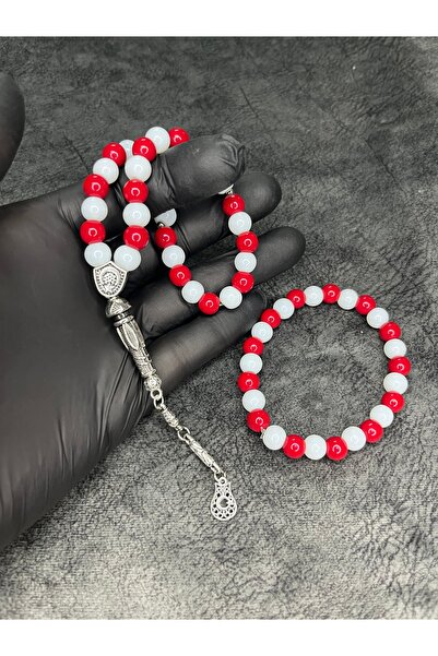 Mos Tespih Red and White Fan-Shaped Glass Beads Natural Stone Prayer Beads and Bracelet Set