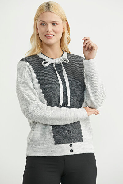 Sementa Wool Double Color Buttoned Knitwear Cardigan - Light Gray