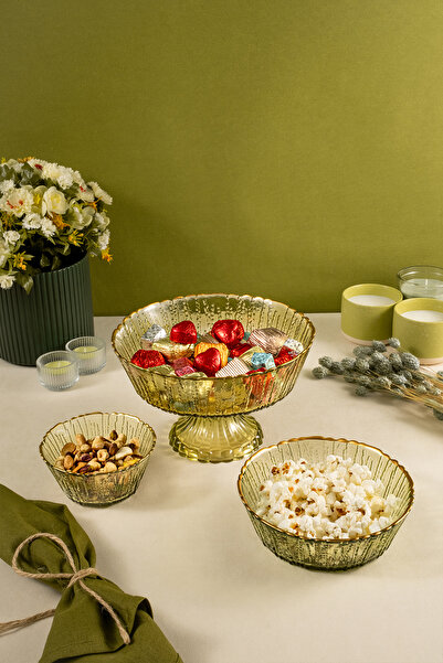 Fecra Rita 3'lü Cam Kase Seti Yeşil Altın Fileli