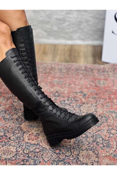SİBA SHOES Varn Bağacıklı ve Fermuarlı Hakiki Deri Siyah Kadın Çizme