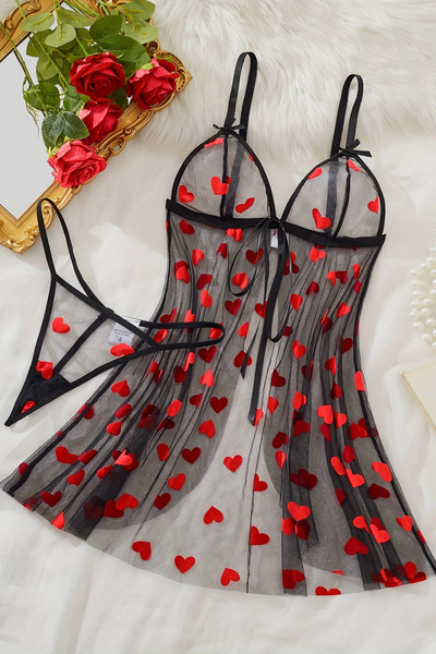 TeniModa Cămașă de noapte neagră transparentă cu model de inimă TM1378