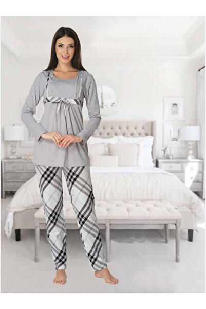 Lohusa Homewear Γυναικείο σετ πιτζάμες εγκυμοσύνης με μακρυμάνικο γκρι χρώμα ...