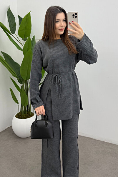 Bipantolon Women's Gray Waist Tied Button Detailed Corded Fabric Knitwear Sweater Trousers Two-Piece Set