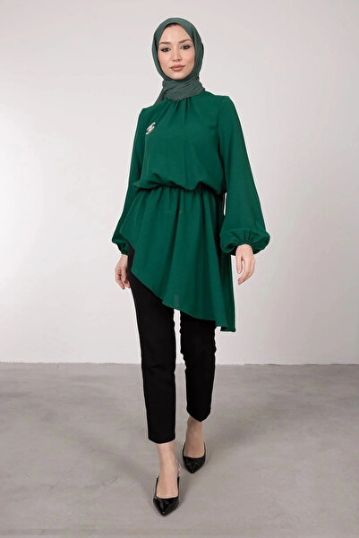 Tesettür Diyarı Tunica Hijab cu mâneci bufante și croială asimetrică - Smarald