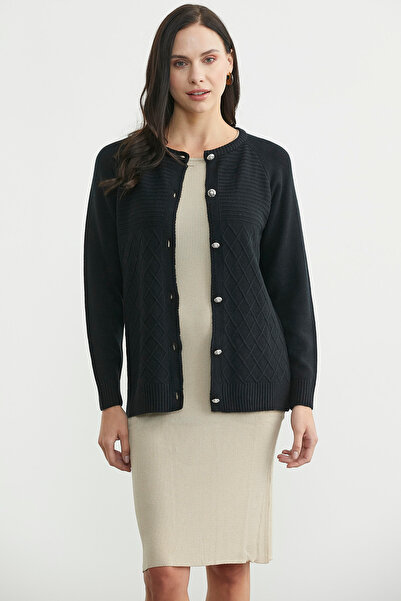 Sementa Crew Neck Patterned Knitwear Cardigan - Black