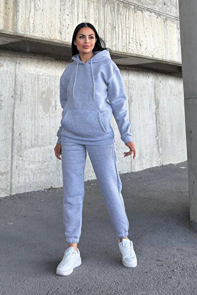 CİDDE Women's Three Thread Kangru Pocket Hooded Compact Combed Cotton Inside Fleece-Lined Tracksuit Set