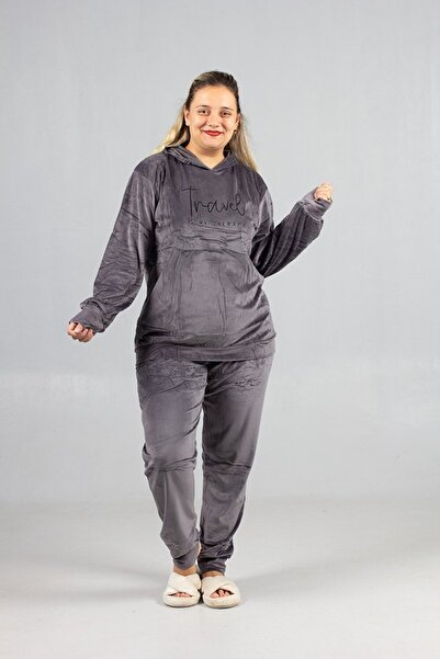 Truva XXL Hooded Velvet Plus Size Set Gray – Premium Quality, Comfortable and Stylish Women's Tracksuit Set