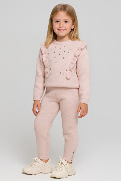 Minora Girl's Powder Knitwear Ruffle Detailed Pants Set 6-9 Years Old