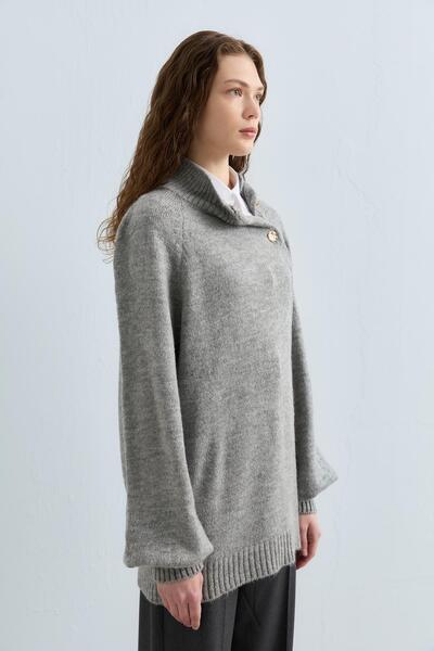 Nihan Düğme Detaylı Triko Tunik Gri