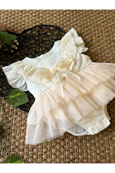 aysskids LİANA Krem Yumuşak Tütü Romper Kısa Kollu Kız Bebek Elbise