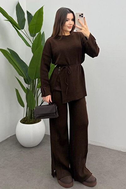 Bipantolon Women's Brown Waist-Tied Button Detailed Corded Fabric Knitwear Sweater Trousers Two-Piece Set
