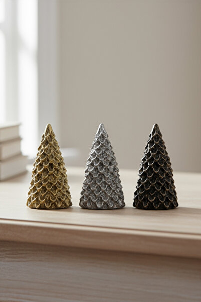 TR Turan Collection PINE - 3'lü Çam Ağaç Biblo Seti - Altın Gümüş Eskitme Ren...