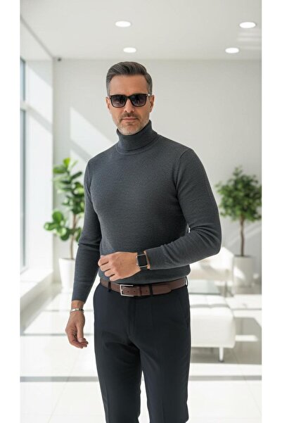 Clothbe سترة تريكو رجالية بياقة دائرية بلون أنثراسايت – سترة شتوية أنيقة للاس...