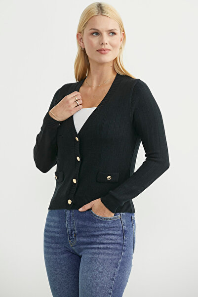 Sementa Buttoned Knitwear Cardigan with Pocket Detail - Black