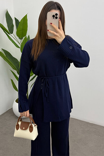 Bipantolon Women's Navy Blue Waist-Tie Button Detailed Corded Fabric Knitwear Sweater Trousers Two-Piece Set